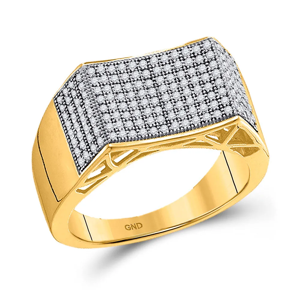 Keene Jewelers 10kt Yellow Gold Mens Round Pave-set Diamond Concave Rectangle Cluster Ring 1/2 Cttw