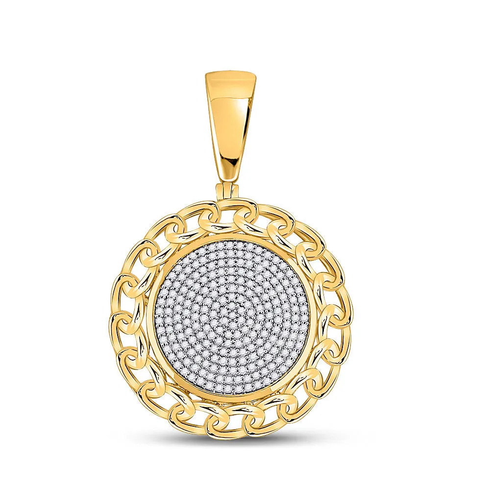 Keene Jewelers 14kt Yellow Gold Mens Round Diamond Cuban Link Circle Charm Pendant 1/2 Cttw