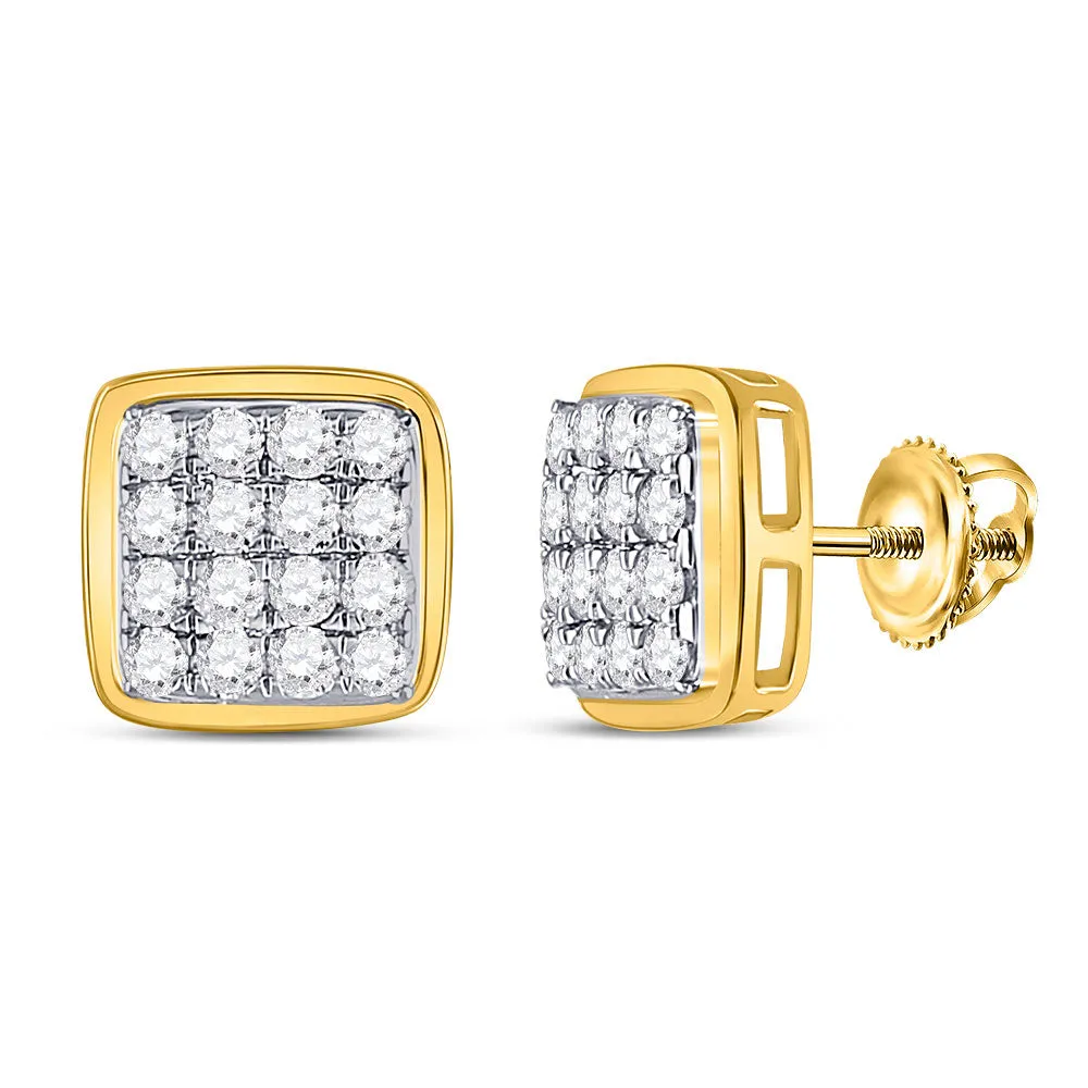 Keene Jewelers 14kt Yellow Gold Mens Round Diamond Square Cluster Earrings 1 Cttw