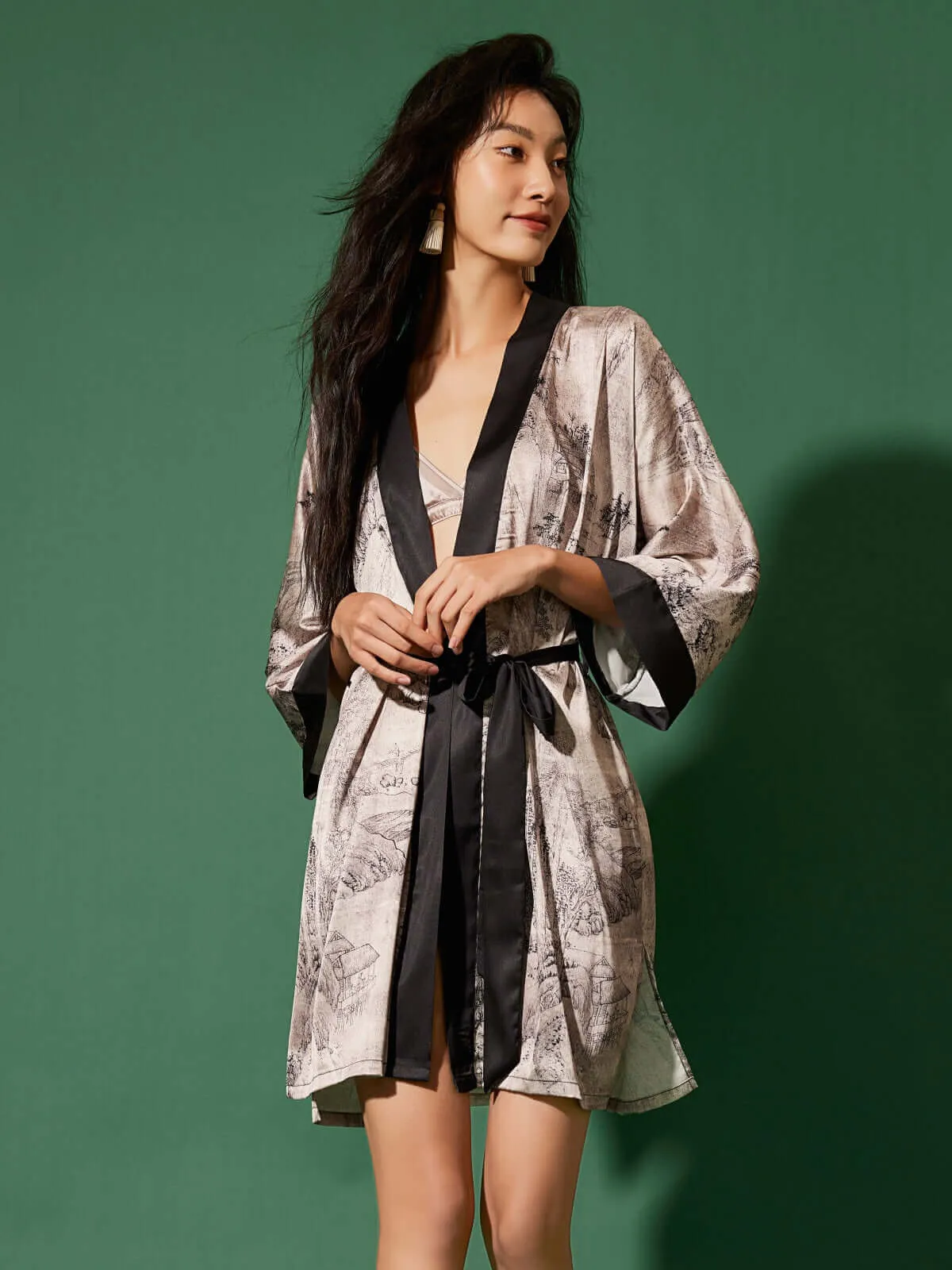 Kimono Robe with Ink Painting Design