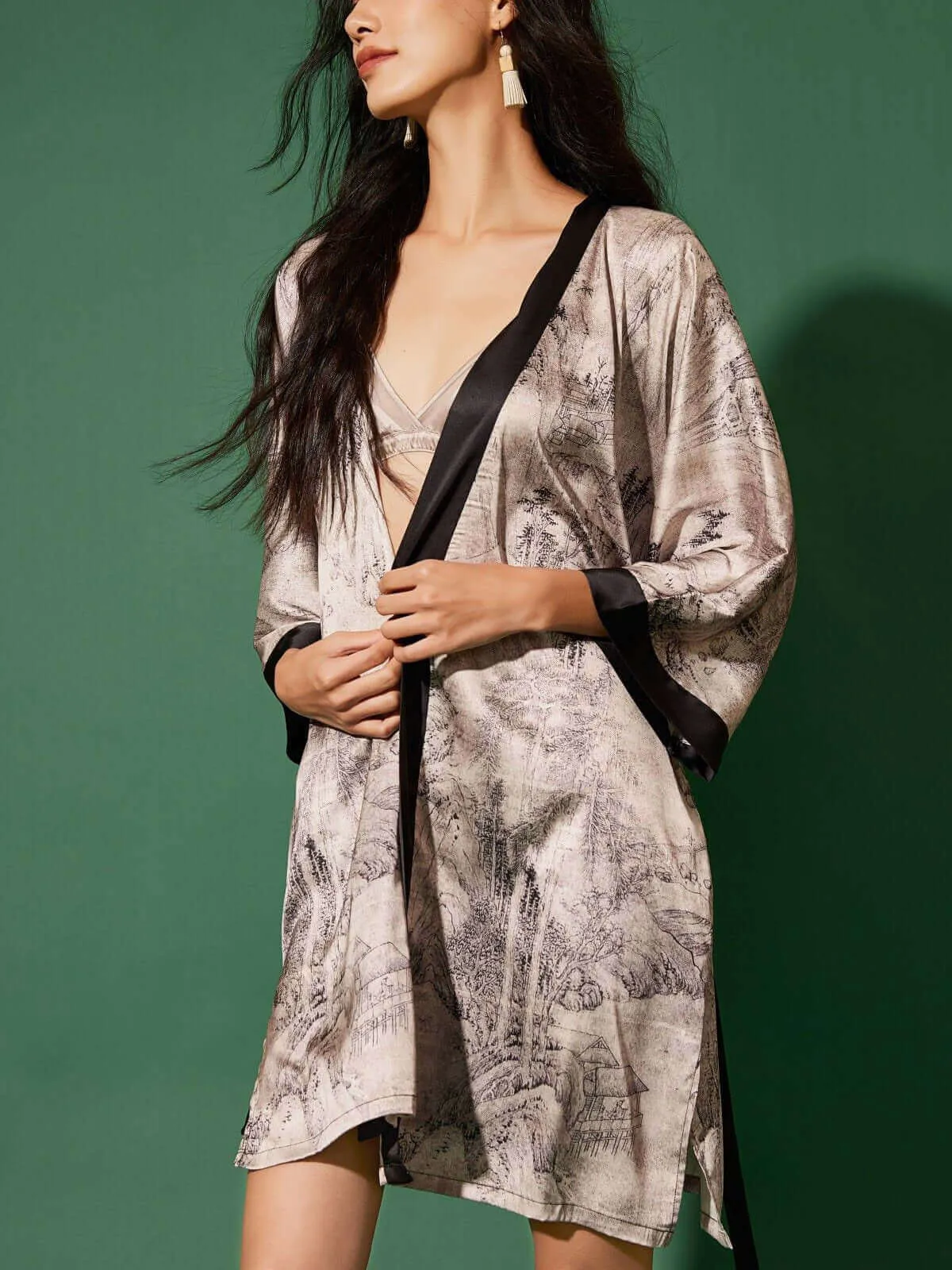 Kimono Robe with Ink Painting Design