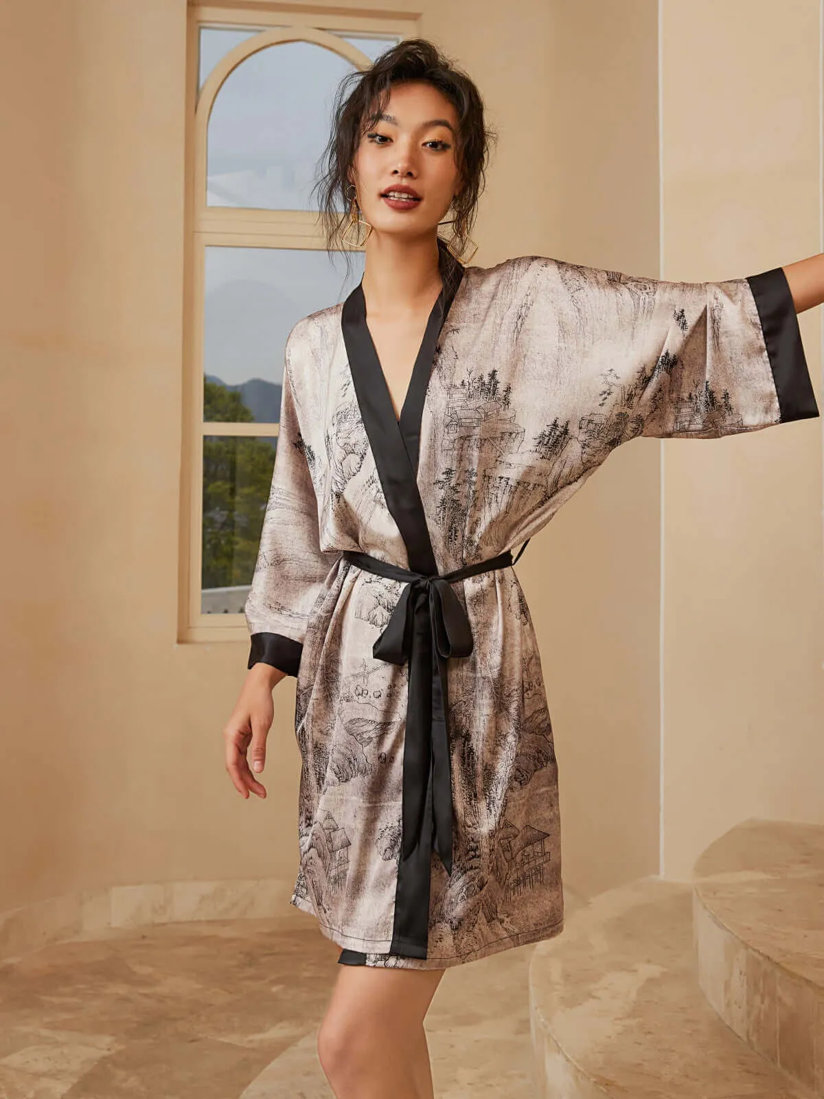 Kimono Robe with Ink Painting Design