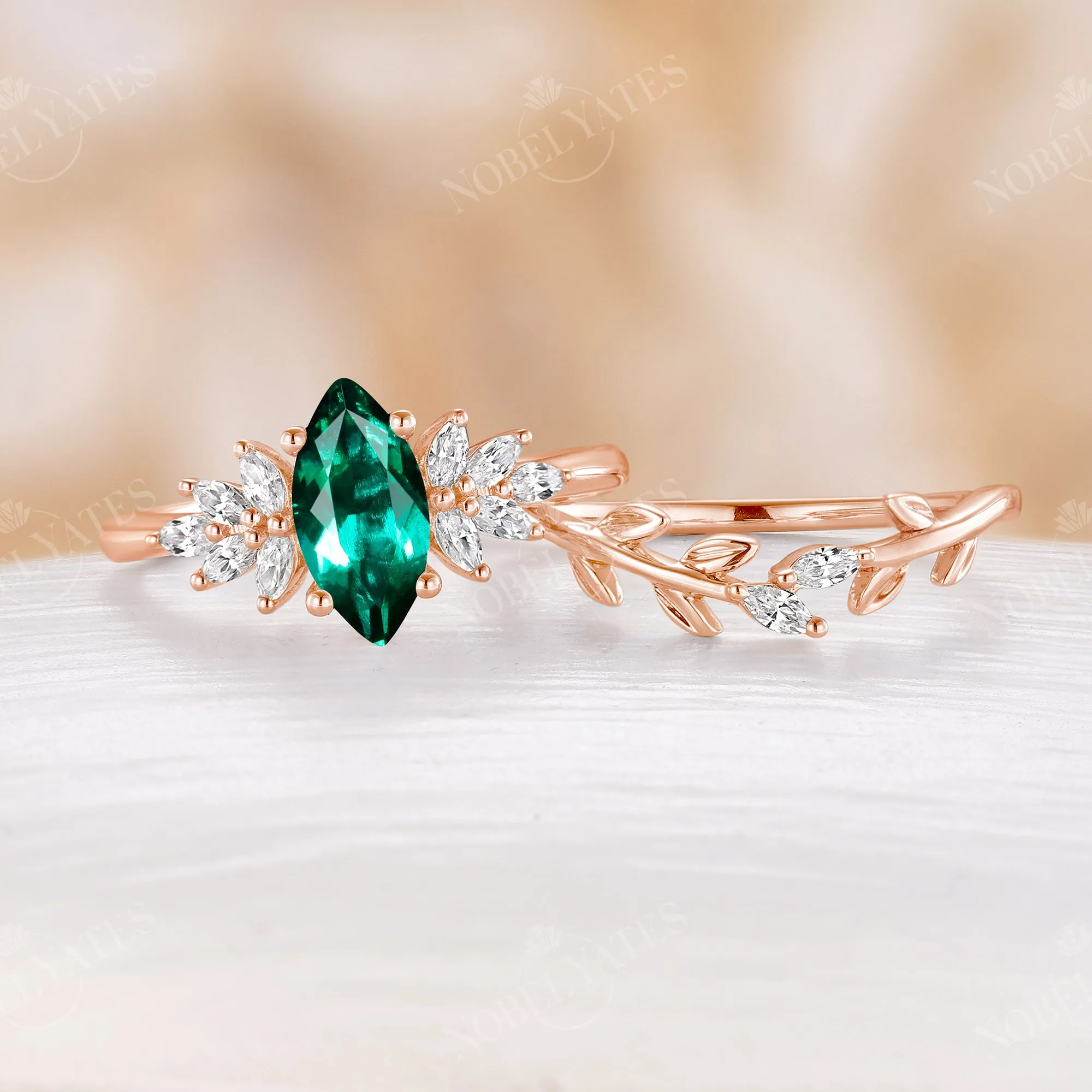 Lab Emerald Marquise Cut Engagement Ring Set Leaf Design Wedding Band