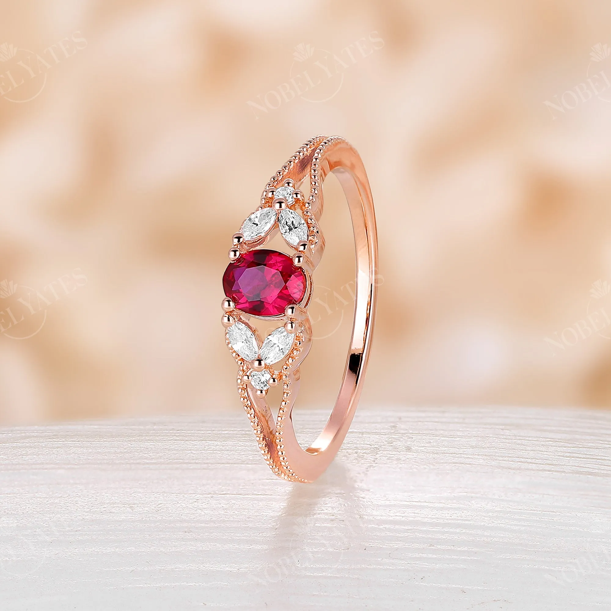 Lab Ruby Milgrain Side Stones Vintage Engagement Ring Rose Gold