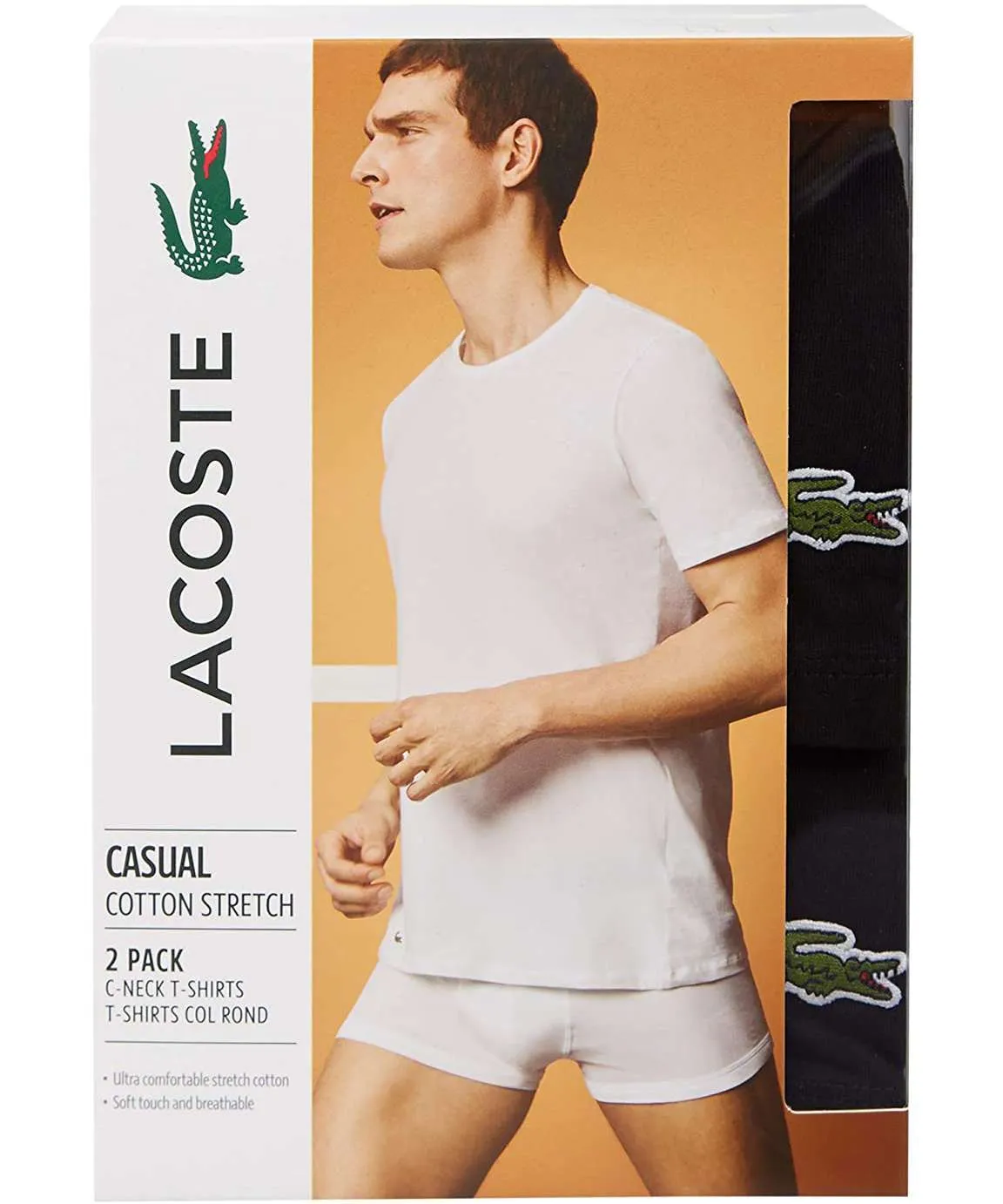 Lacoste Men’s Casual Classic Cotton Stretch 2 Pack Crew Neck T-Shirts (White)