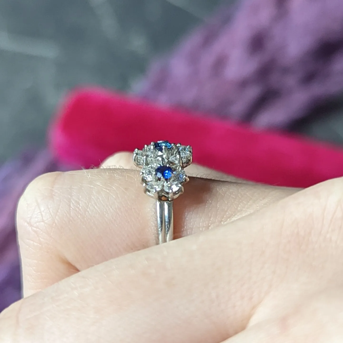 Late Mid-Century 1.30 CTW Sapphire Diamond Platinum Vintage Flower Band Ring