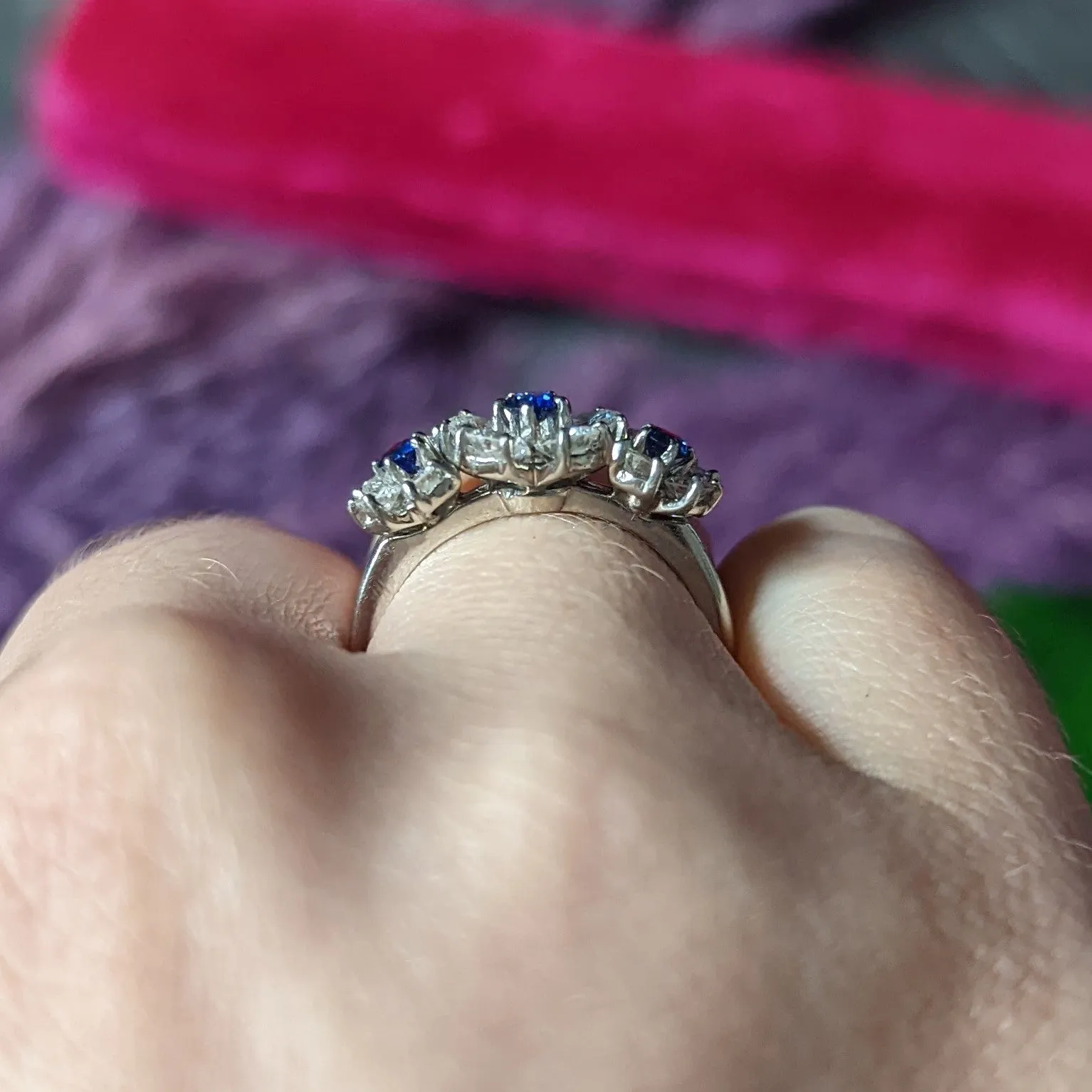 Late Mid-Century 1.30 CTW Sapphire Diamond Platinum Vintage Flower Band Ring