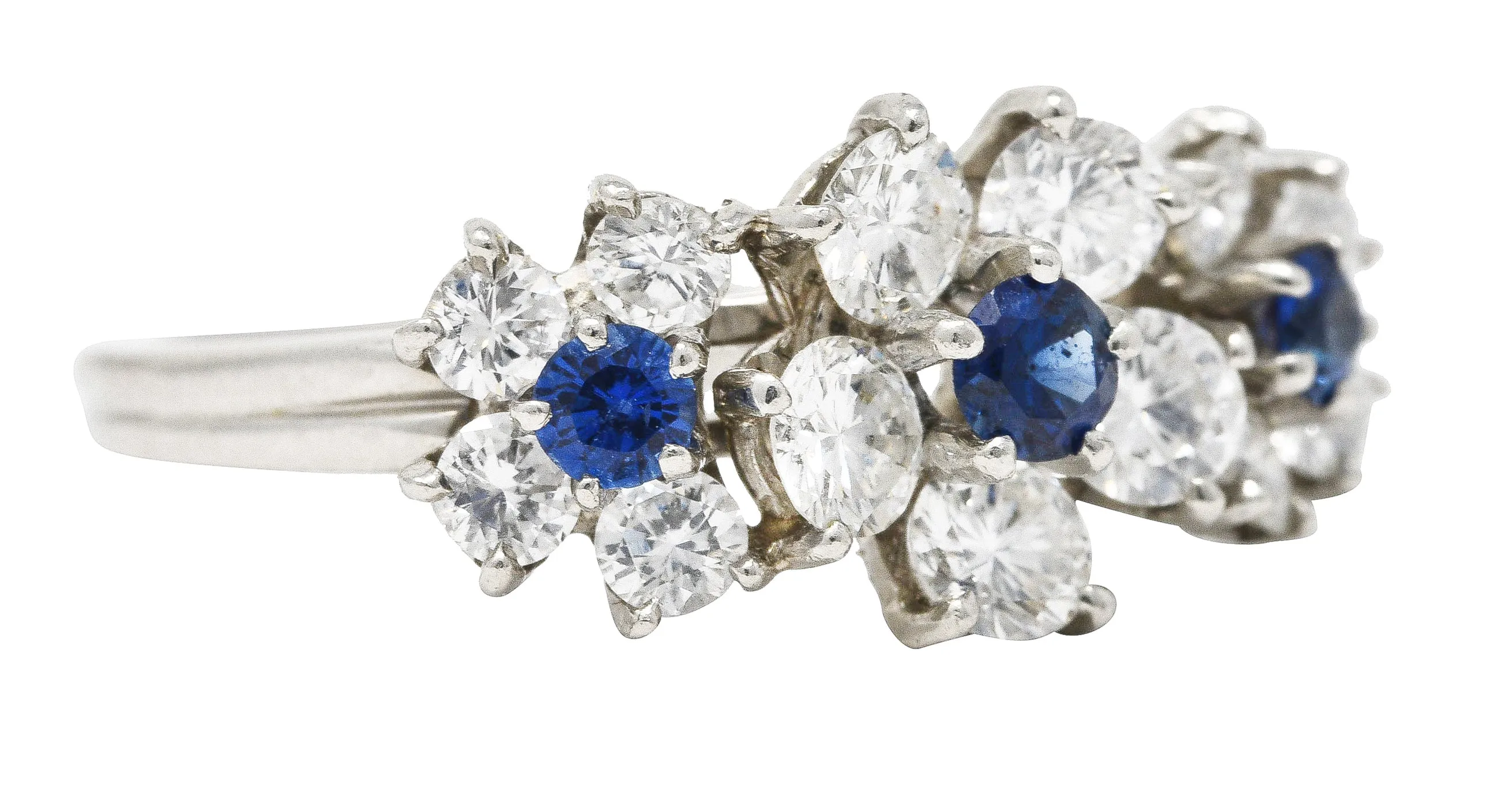 Late Mid-Century 1.30 CTW Sapphire Diamond Platinum Vintage Flower Band Ring