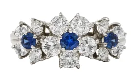 Late Mid-Century 1.30 CTW Sapphire Diamond Platinum Vintage Flower Band Ring