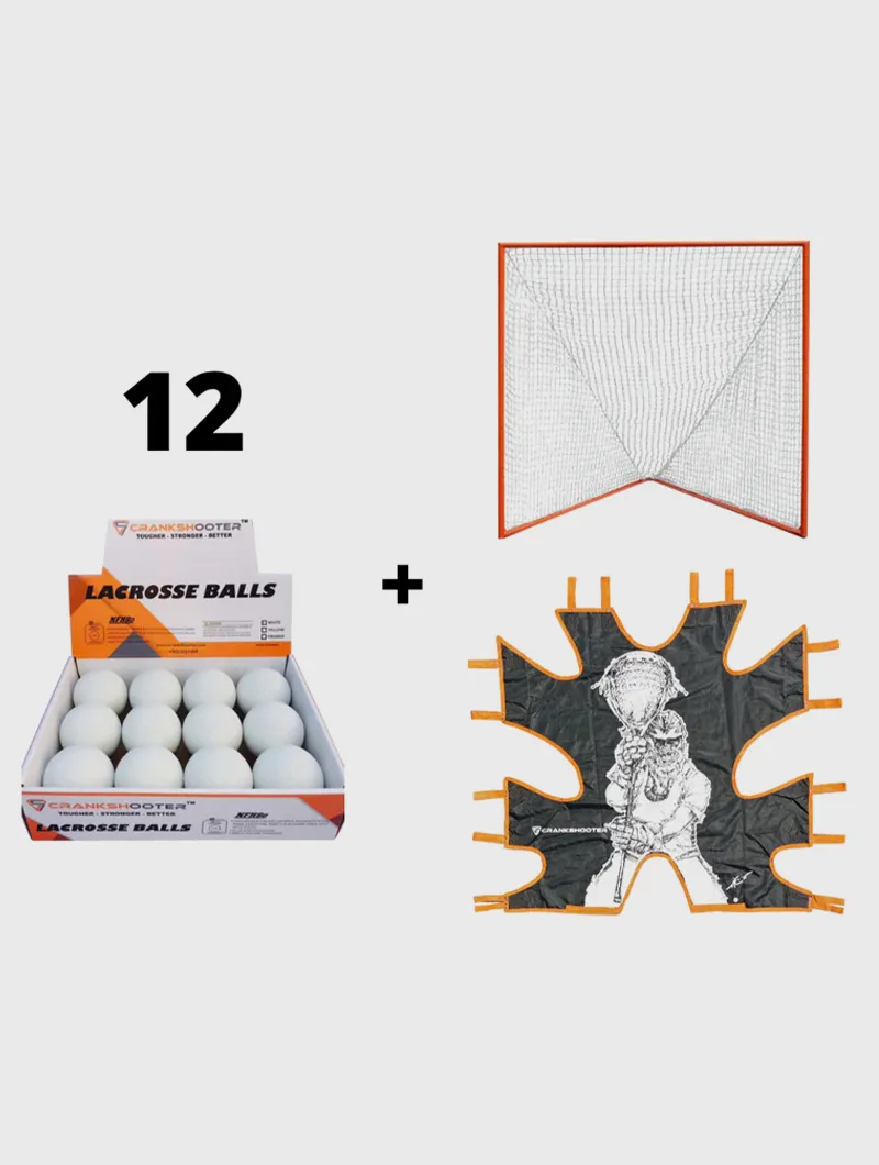 LAX PRO Bundle Kit - Tournament 6x6x7 Goal, 5mm Net, Shot Trainer, and 1 Dozen White Game Balls.