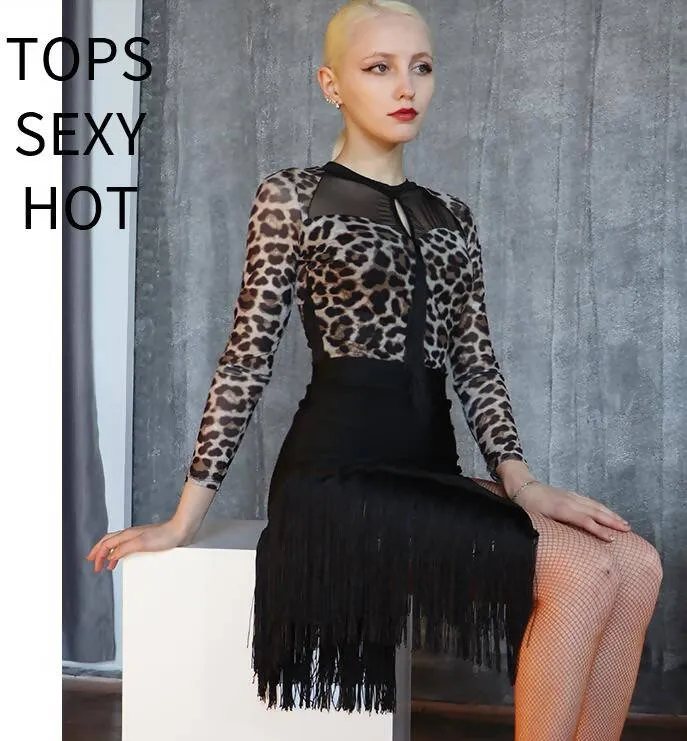 Leopard Print Blouse and Black Skirt Set for New Latin Dance | 683