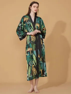 Leopard Print Kimono Robe - Black