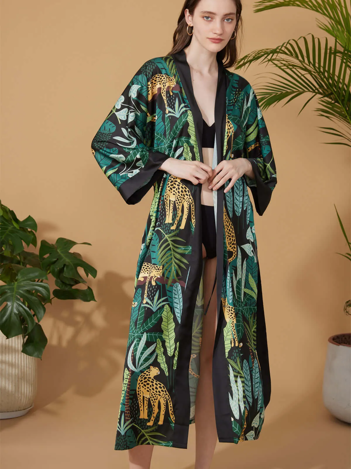 Leopard Print Kimono Robe - Black