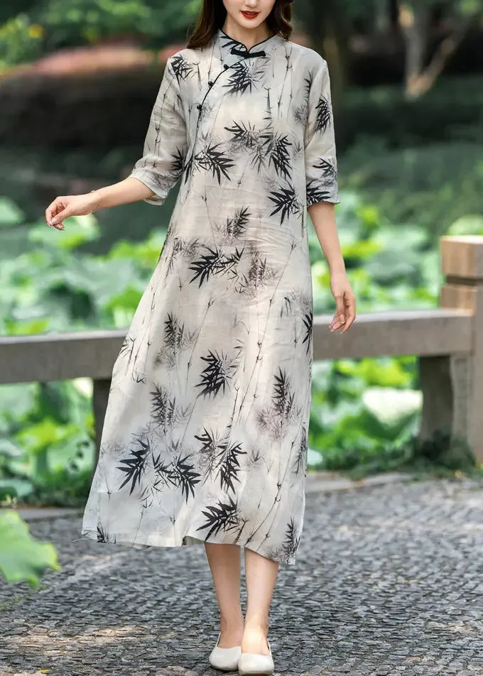 Light Grey Stand Collar Button Print Linen Dresses Half Sleeve CG1048