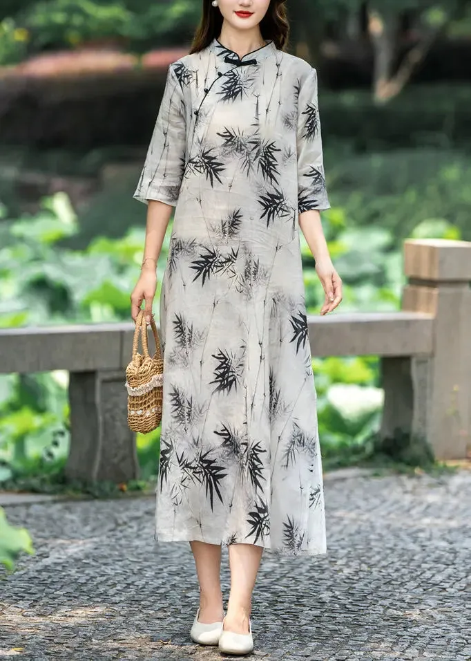 Light Grey Stand Collar Button Print Linen Dresses Half Sleeve CG1048