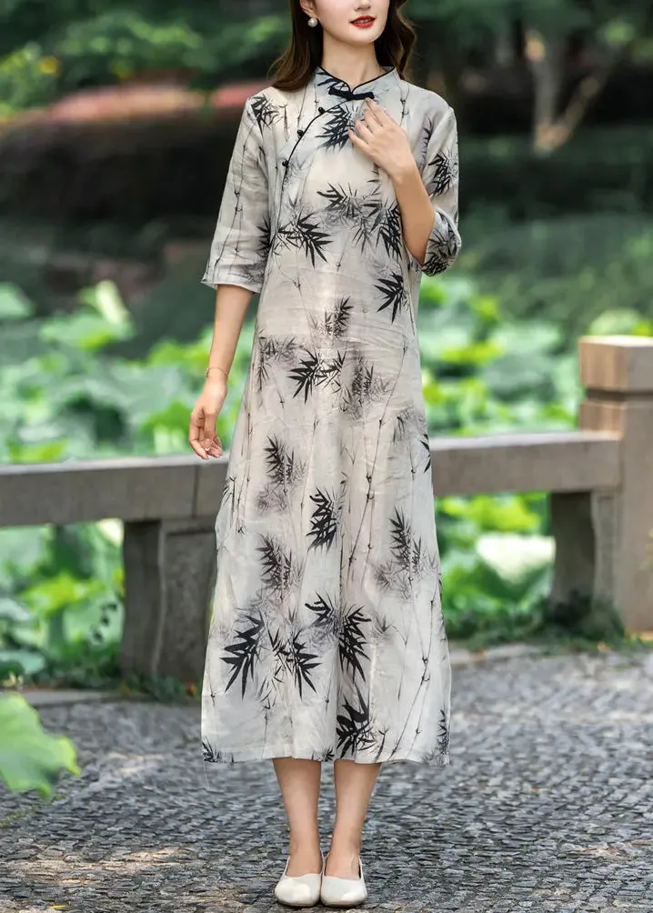 Light Grey Stand Collar Button Print Linen Dresses Half Sleeve CG1048