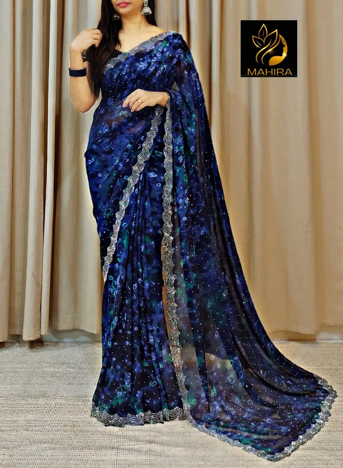 Lightweight Georgette saree with intricate beadwork and cut work border - TREND001SB.