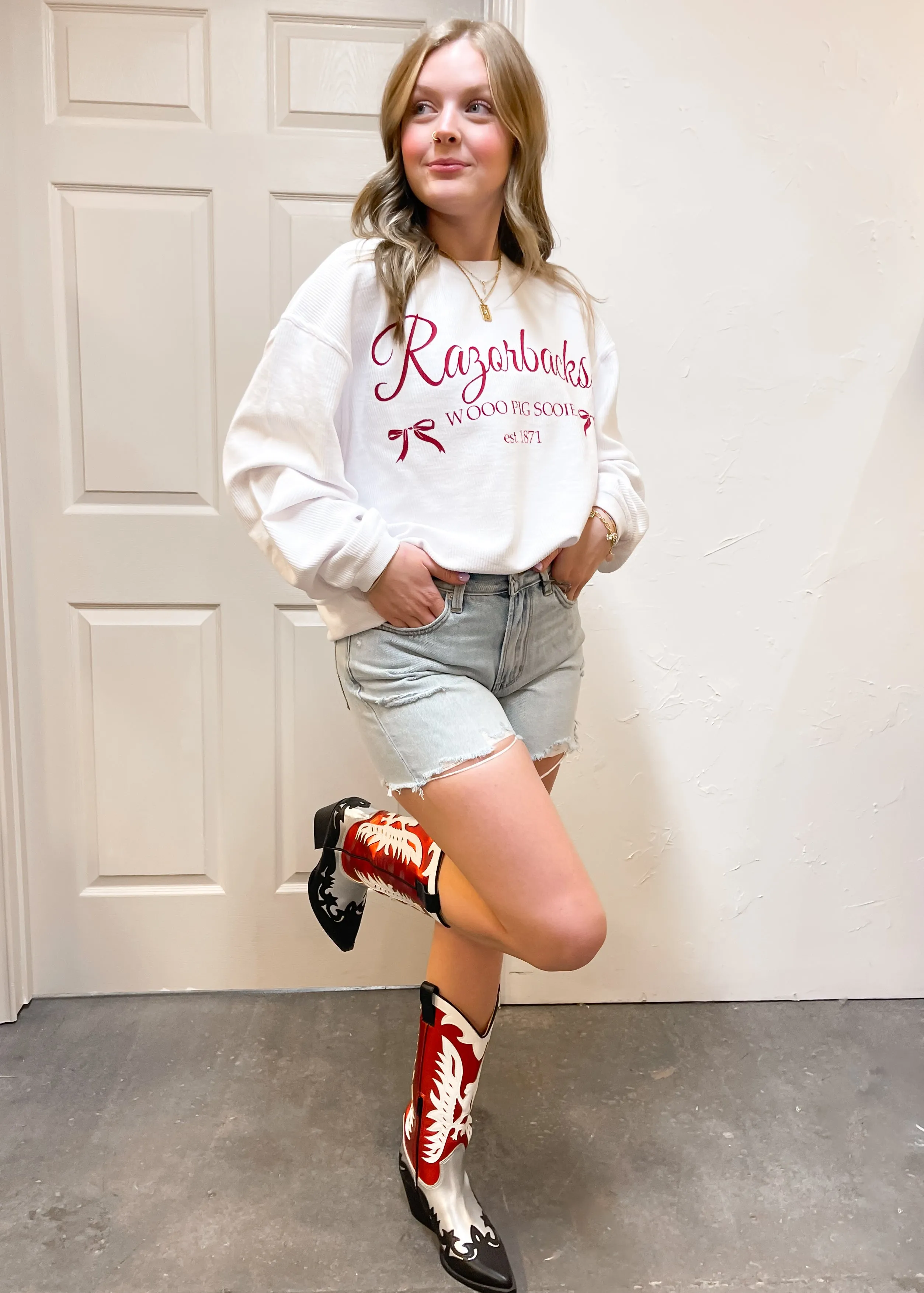 Livy Lu Arkansas Razorback Bow Corded Sweatshirt | White