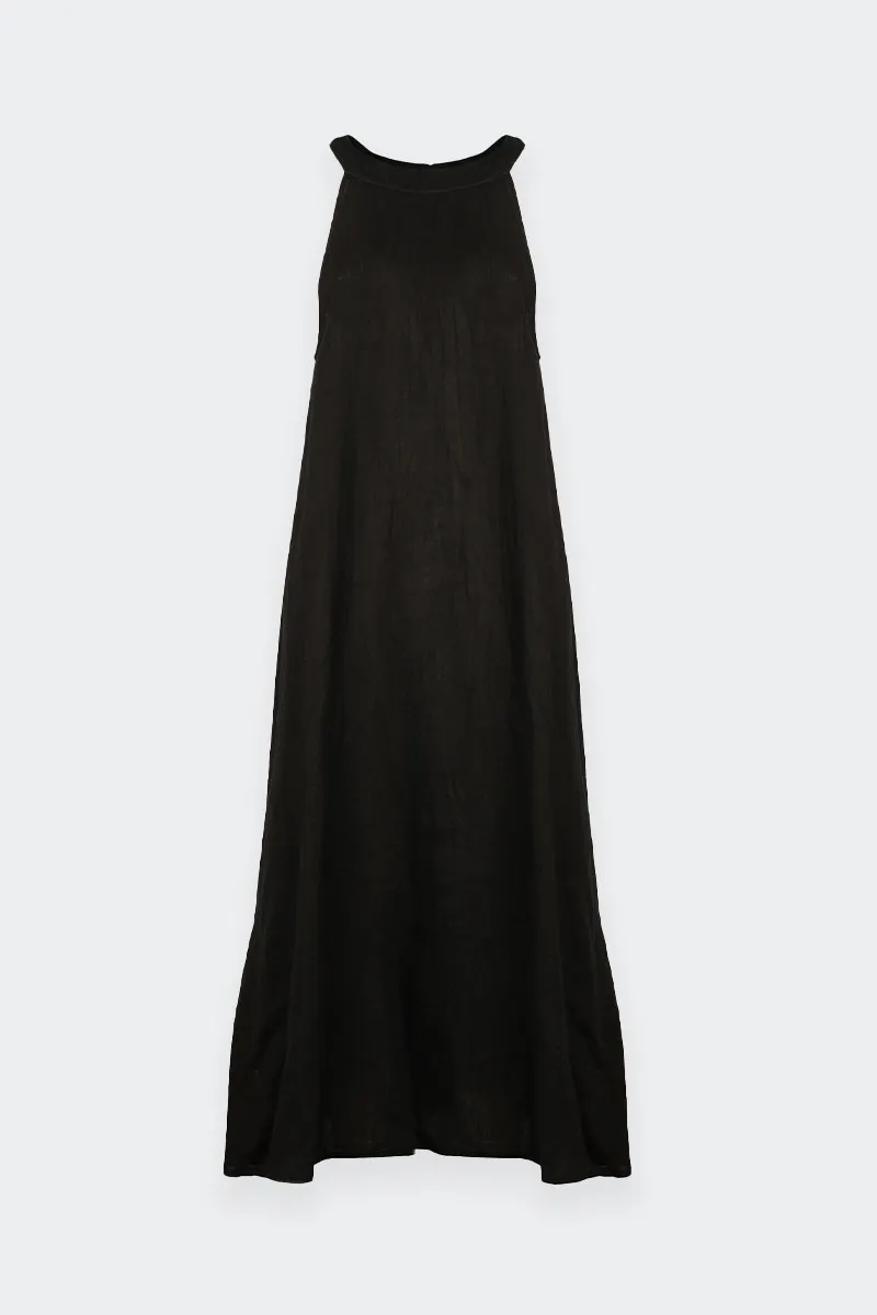 Long black linen sleeveless dress.