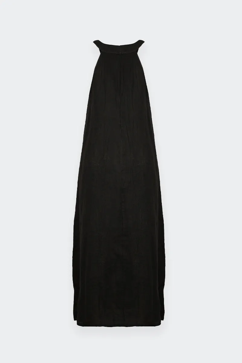 Long black linen sleeveless dress.