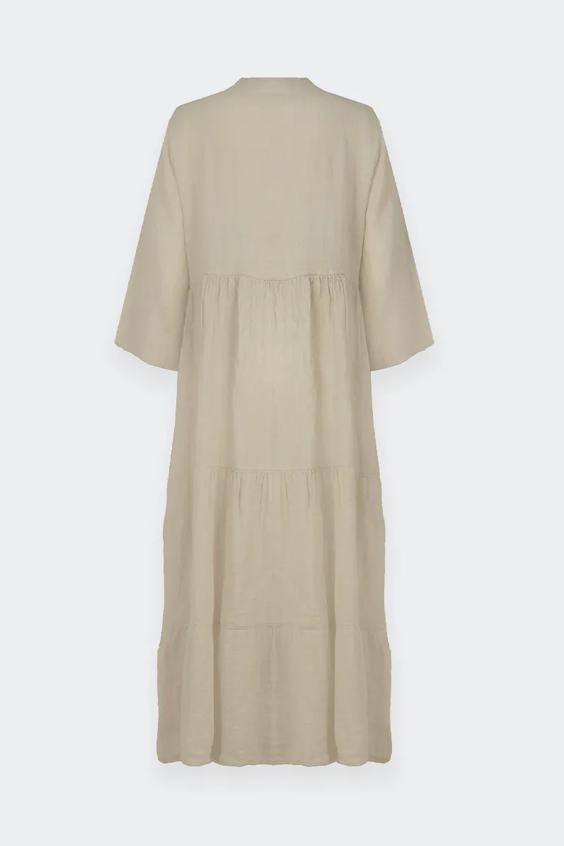 long linen dress with beige buttons.