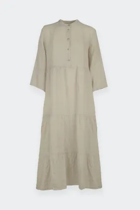 long linen dress with beige buttons.