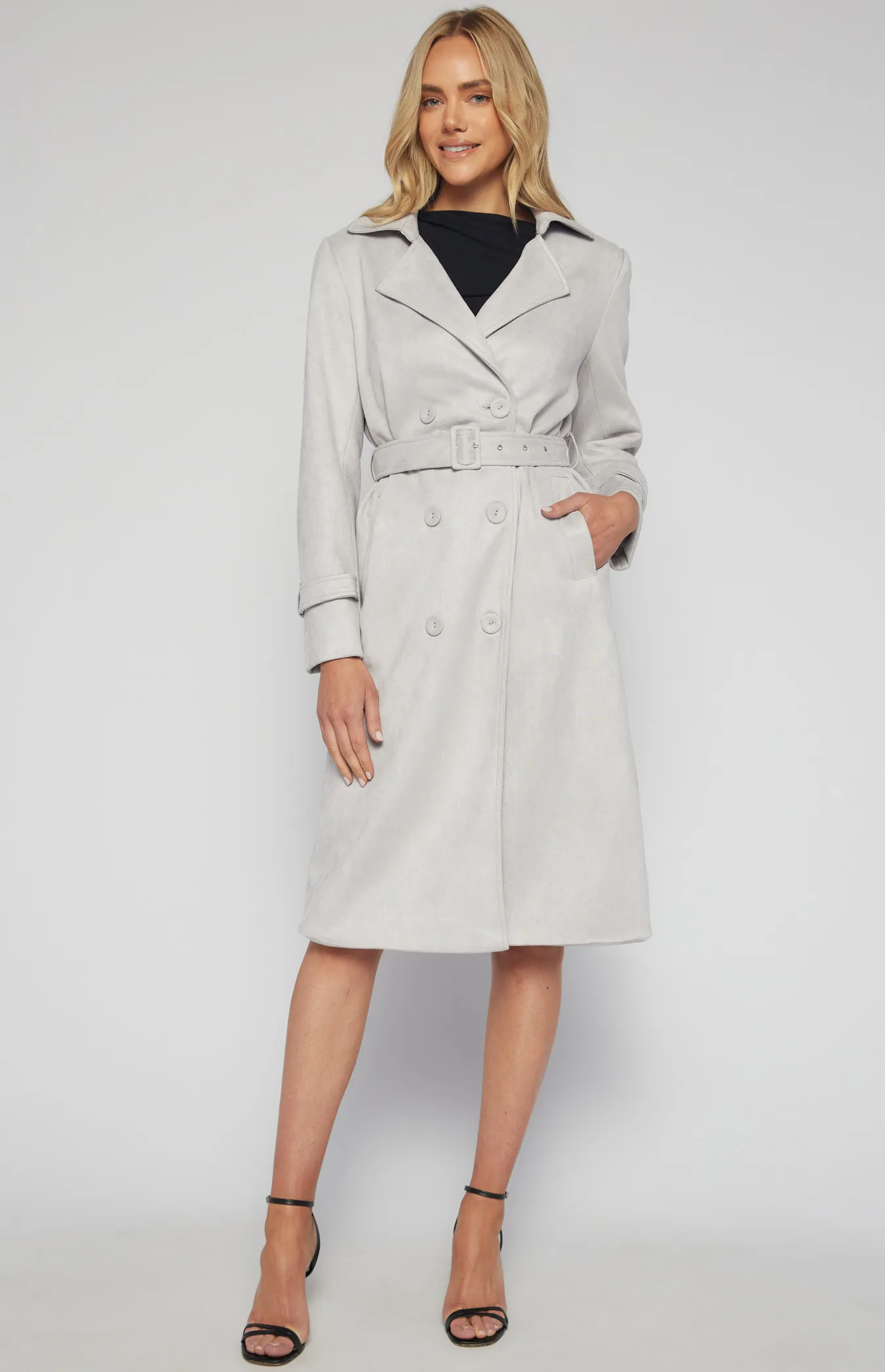 Longline Suede Coat with Self Fabric Buttons and Buckle (SJT392B)