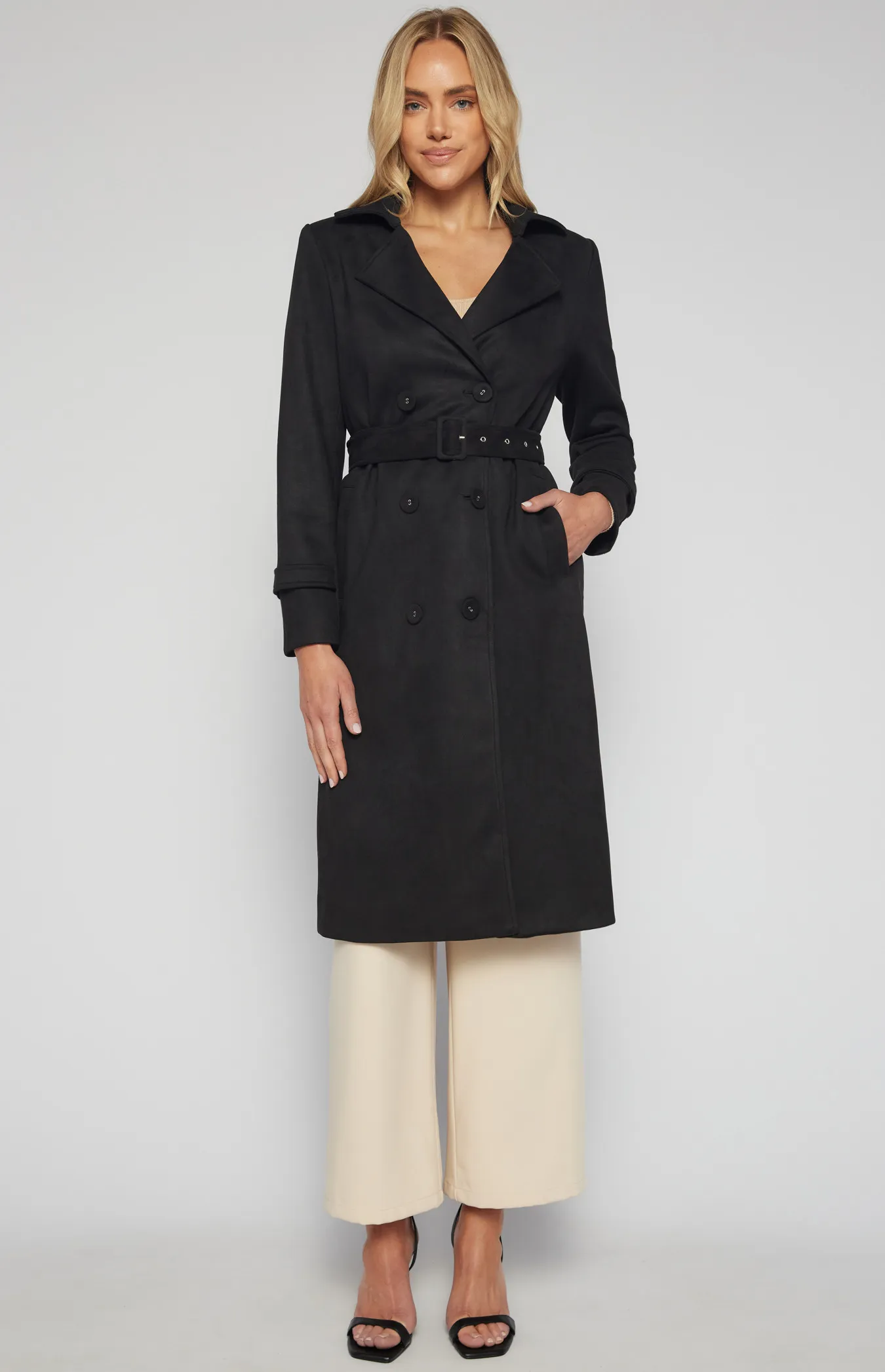 Longline Suede Coat with Self Fabric Buttons and Buckle (SJT392B)