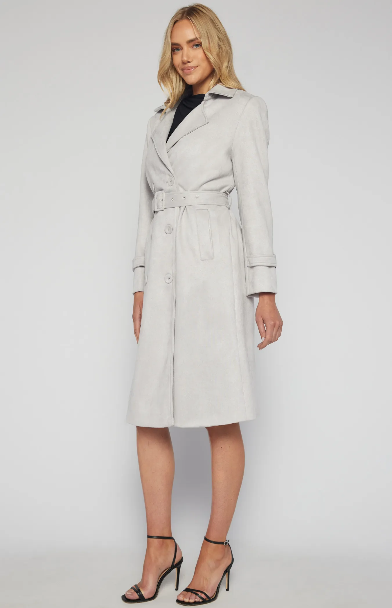 Longline Suede Coat with Self Fabric Buttons and Buckle (SJT392B)