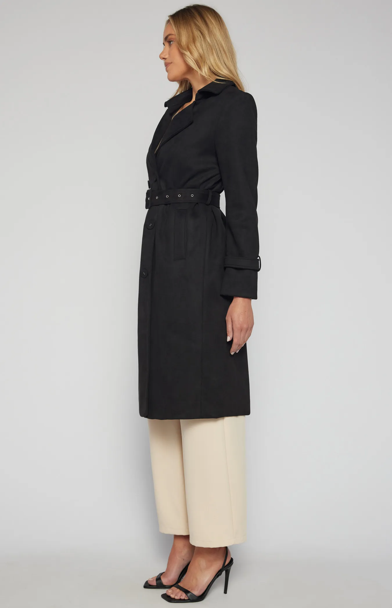 Longline Suede Coat with Self Fabric Buttons and Buckle (SJT392B)