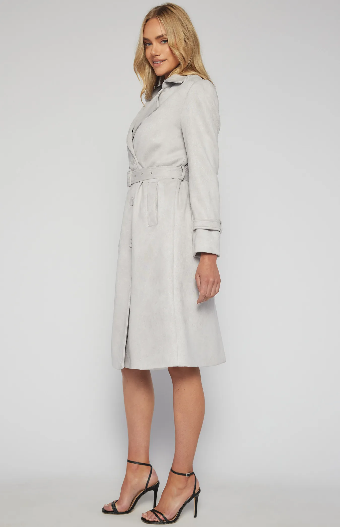 Longline Suede Coat with Self Fabric Buttons and Buckle (SJT392B)