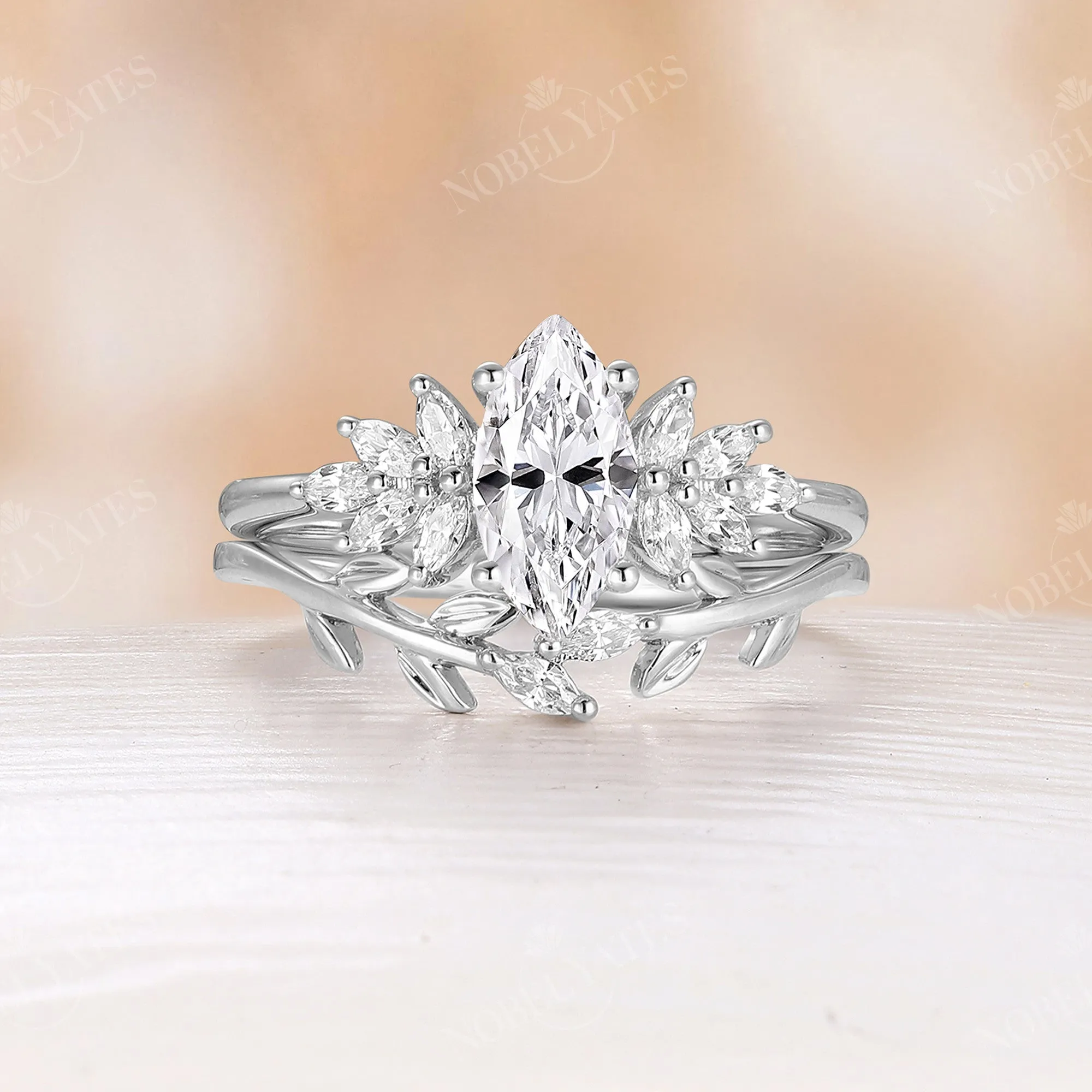 Marquise Shape Moissanite Leaf Bridal Set Side Stone Cluster Ring