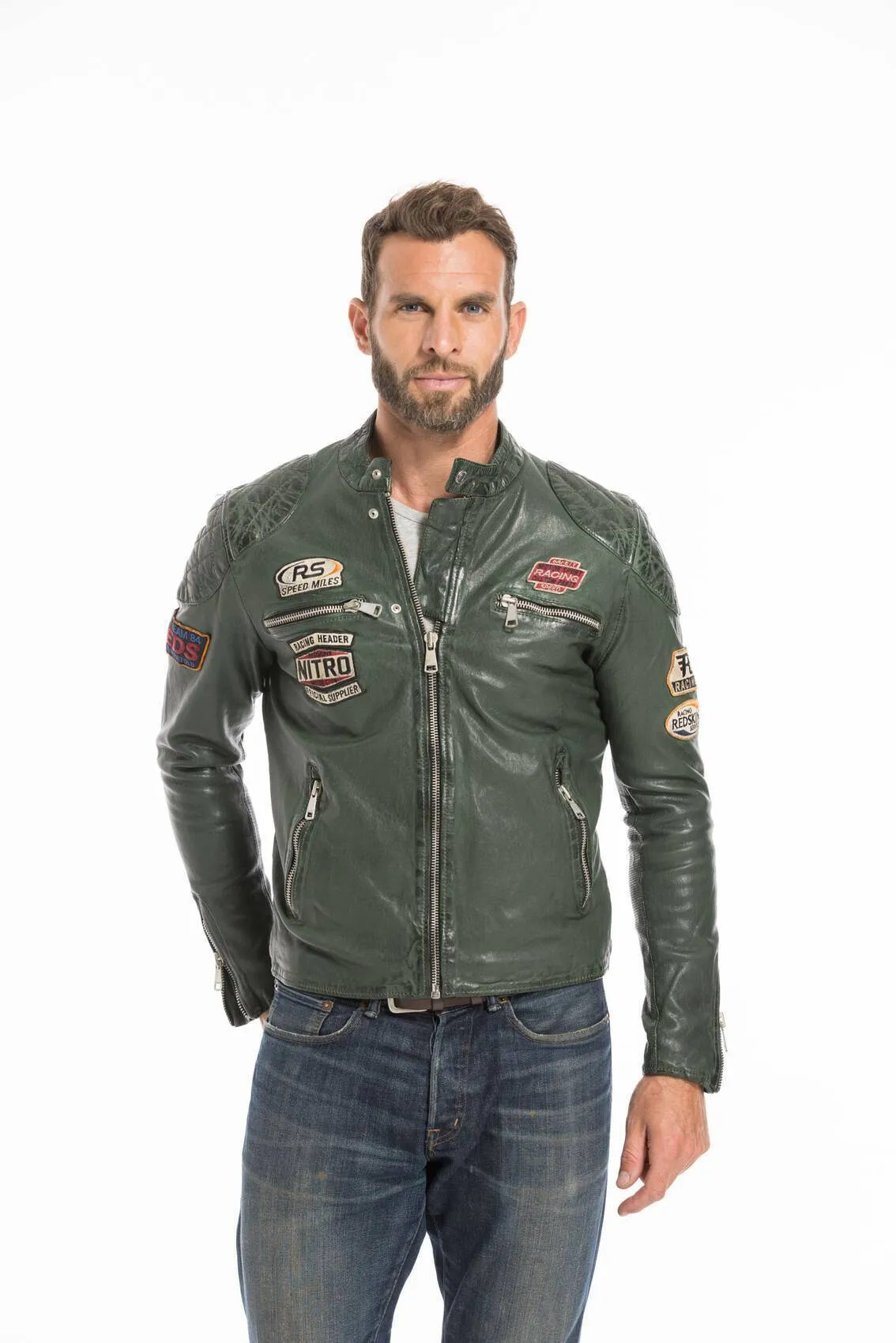 Men's green motorcycle style leather jacket nitro barcelona