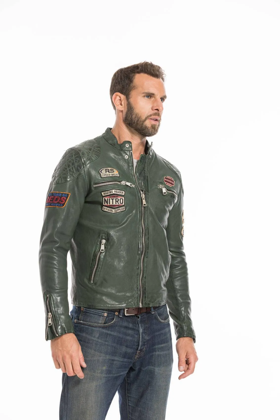 Men's green motorcycle style leather jacket nitro barcelona