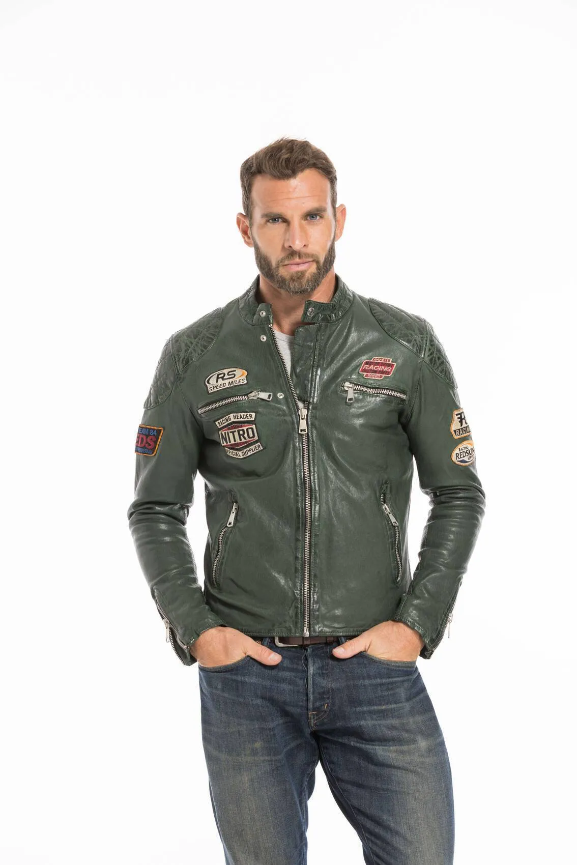 Men's green motorcycle style leather jacket nitro barcelona