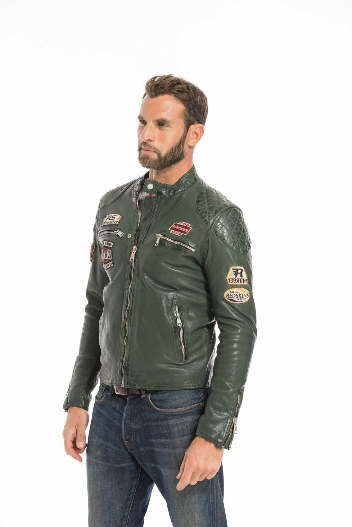 Men's green motorcycle style leather jacket nitro barcelona