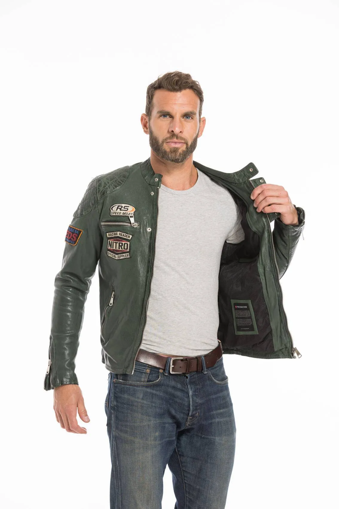 Men's green motorcycle style leather jacket nitro barcelona