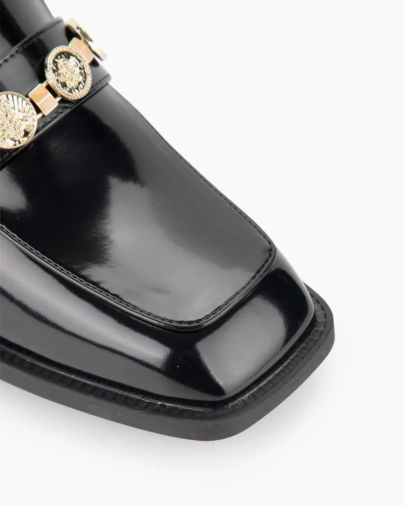 Metal Chain Leather Loafers - Slip on Penny Mid Heel