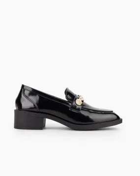 Metal Chain Leather Loafers - Slip on Penny Mid Heel