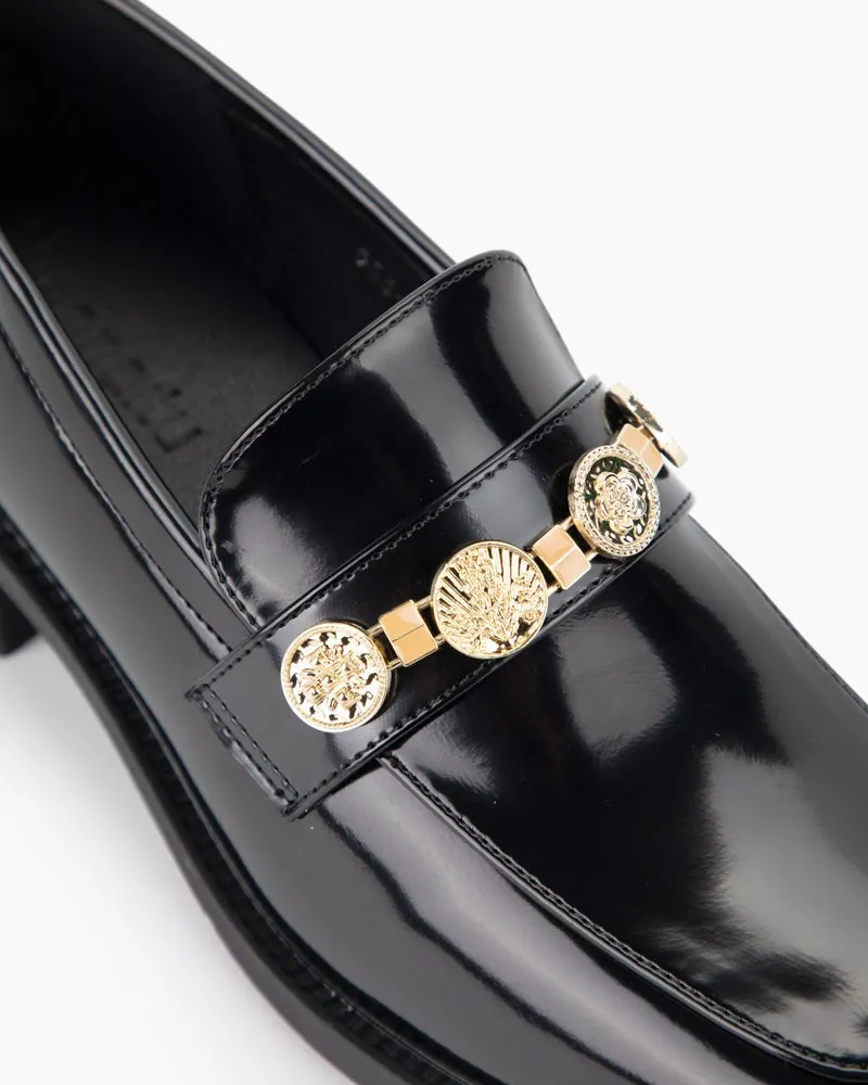 Metal Chain Leather Loafers - Slip on Penny Mid Heel