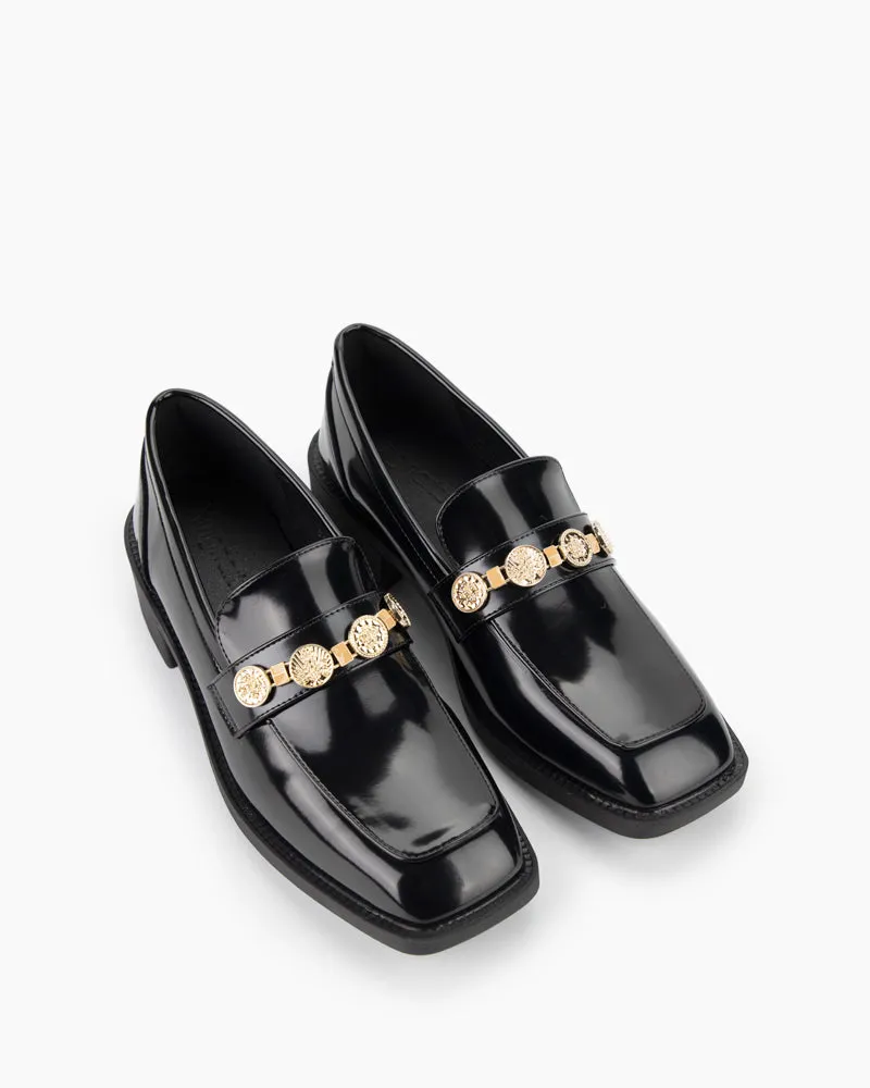 Metal Chain Leather Loafers - Slip on Penny Mid Heel