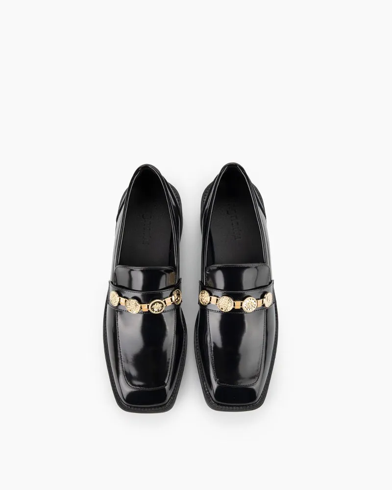 Metal Chain Leather Loafers - Slip on Penny Mid Heel