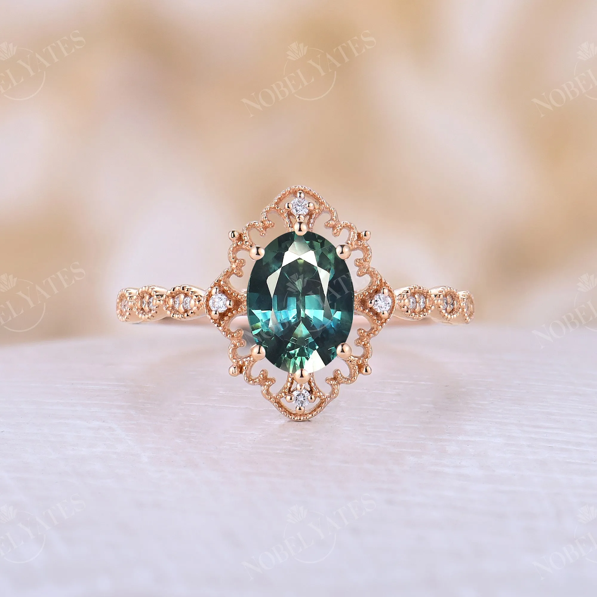 Milgrain Blue Green Sapphire Rose Gold Vintage Engagement Ring