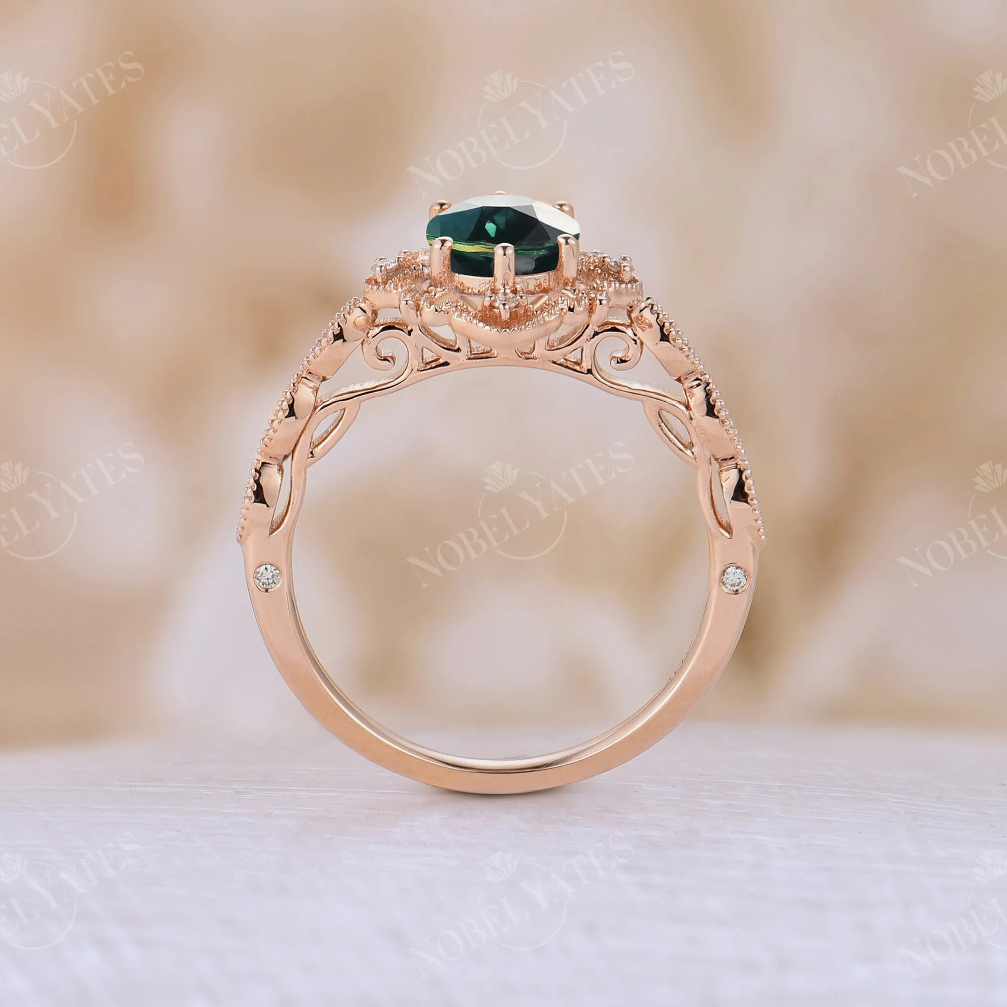 Milgrain Blue Green Sapphire Rose Gold Vintage Engagement Ring