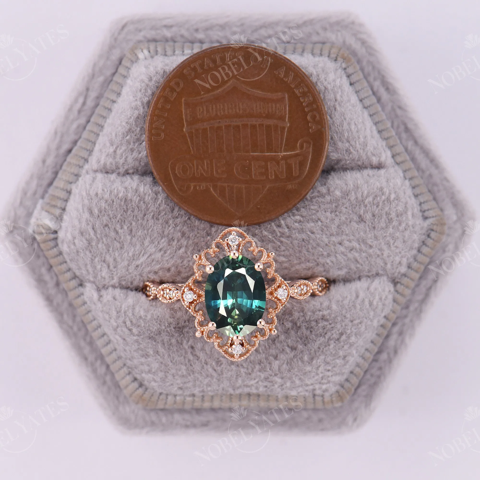 Milgrain Blue Green Sapphire Rose Gold Vintage Engagement Ring