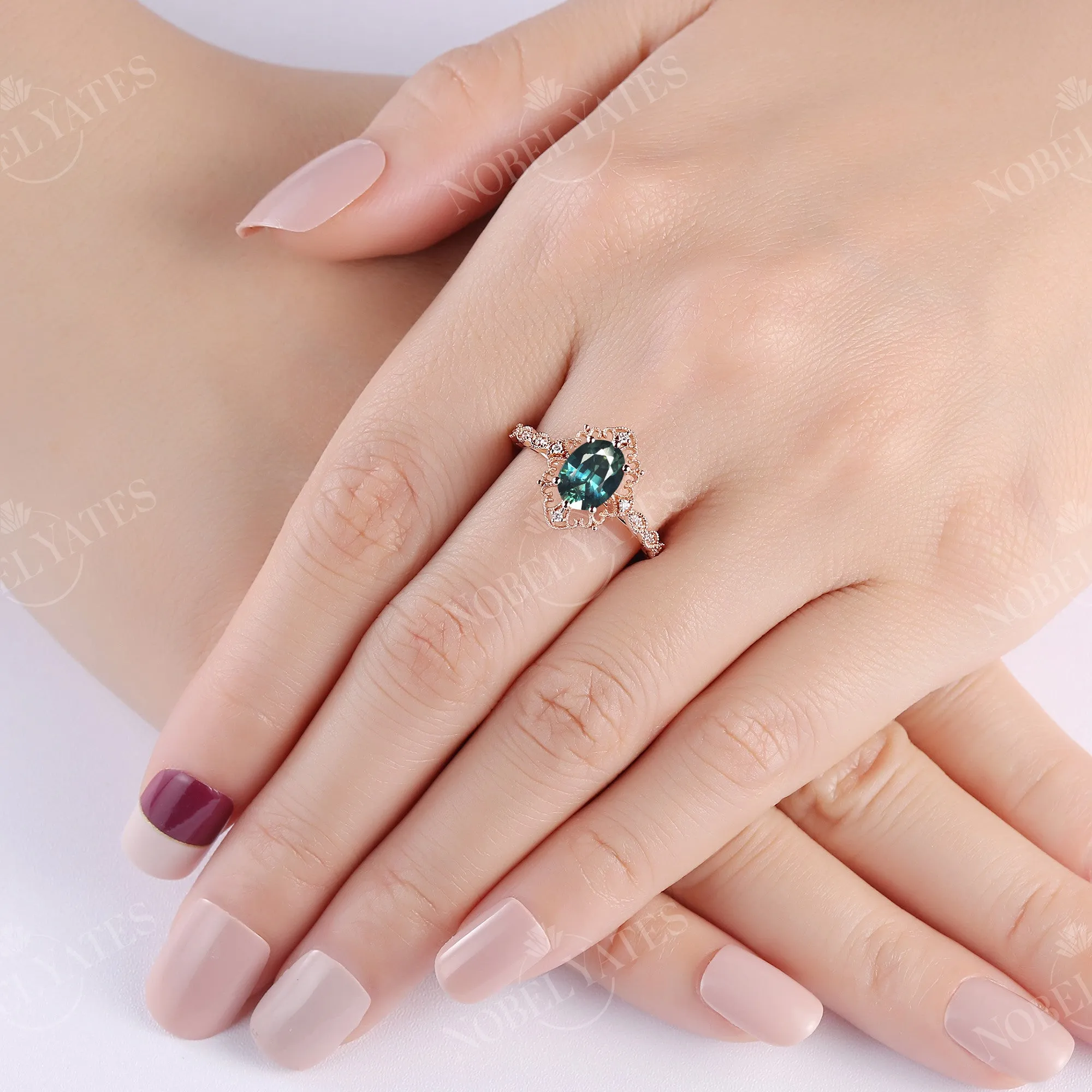 Milgrain Blue Green Sapphire Rose Gold Vintage Engagement Ring