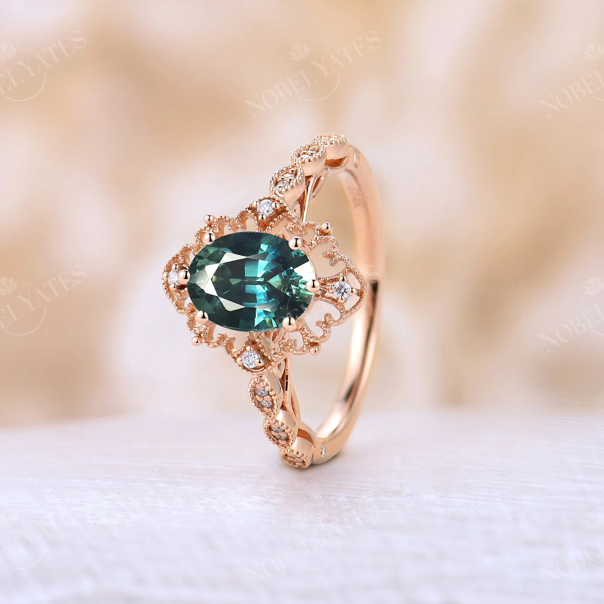 Milgrain Blue Green Sapphire Rose Gold Vintage Engagement Ring