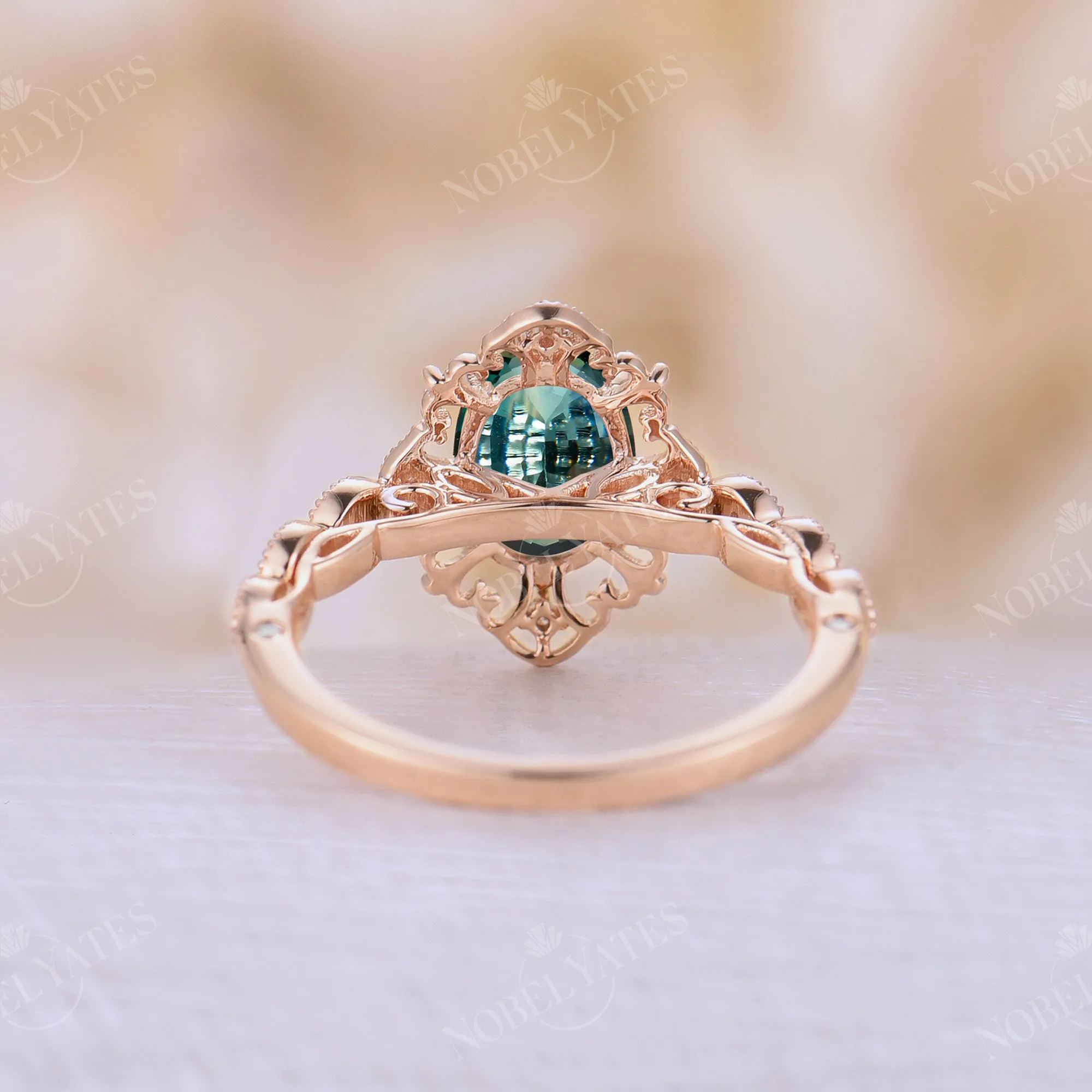 Milgrain Blue Green Sapphire Rose Gold Vintage Engagement Ring