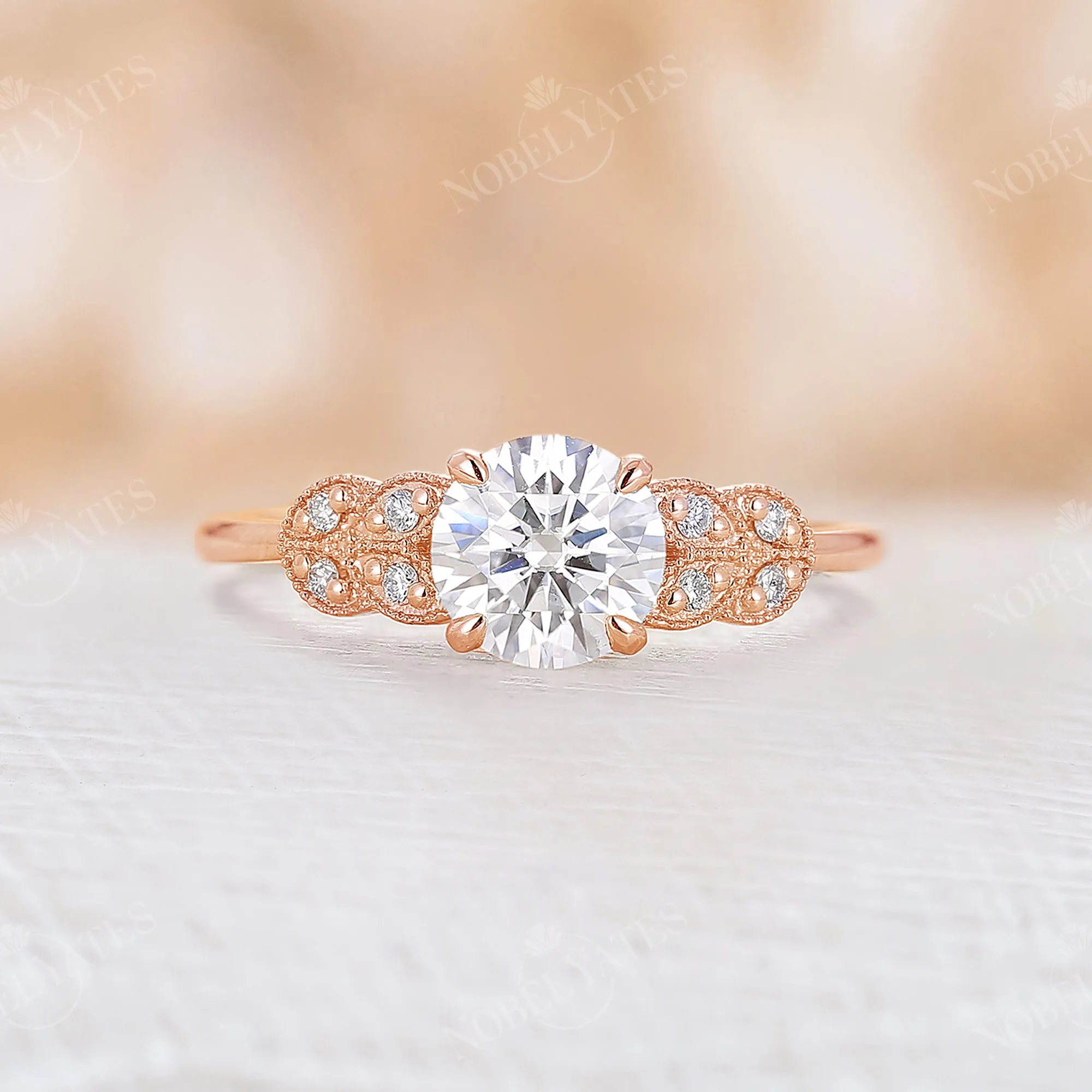 Milgrain Vintage Round Moissanite Engagement Ring Side Stones