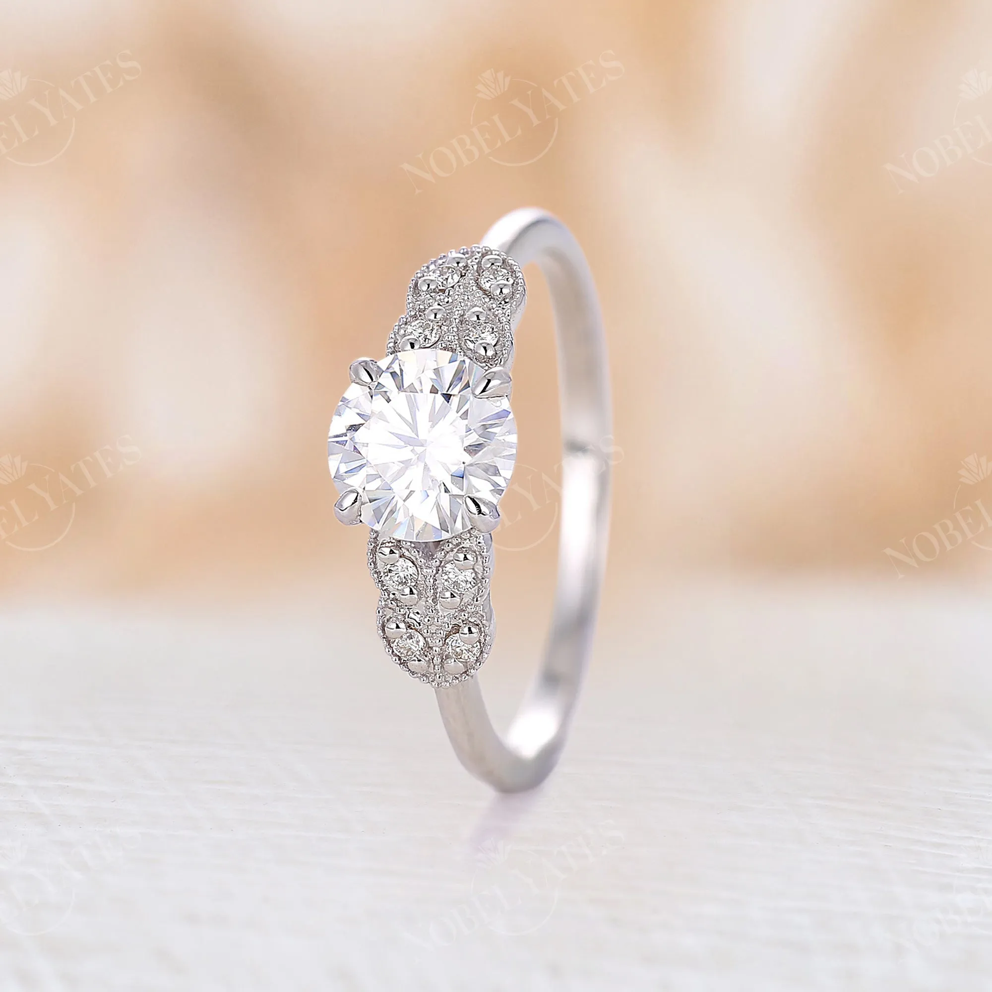 Milgrain Vintage Round Moissanite Engagement Ring Side Stones